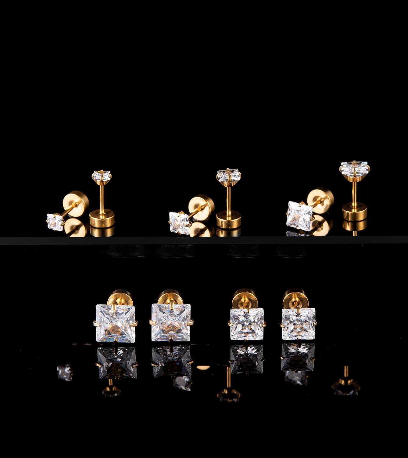 Princess Cut Square CZ Stud Earrings Flat Back, Screw Back Small Gold Clear Cubic Zirconia Studs Earrings Set for Women Men, Pack of 3 Pairs (3mm 4mm 5mm)