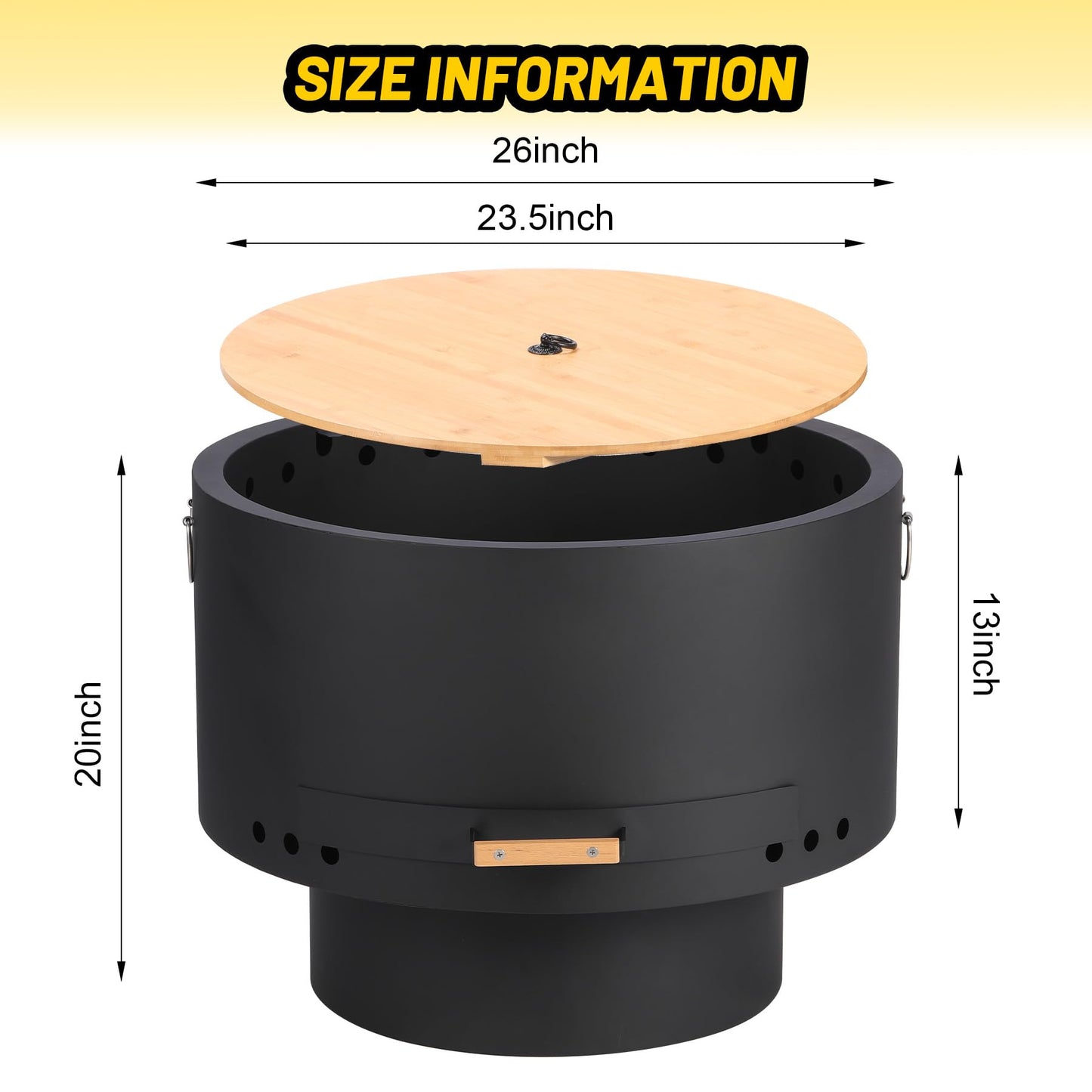 Garvee 26 in Smokeless Fire Pits, Wood Burning Firepits with Fire Poker, Outdoor Portable Fire Pits with Removable Ash Pan and Hardwood Top, Backyard Fireplace for Camping, Picnic and