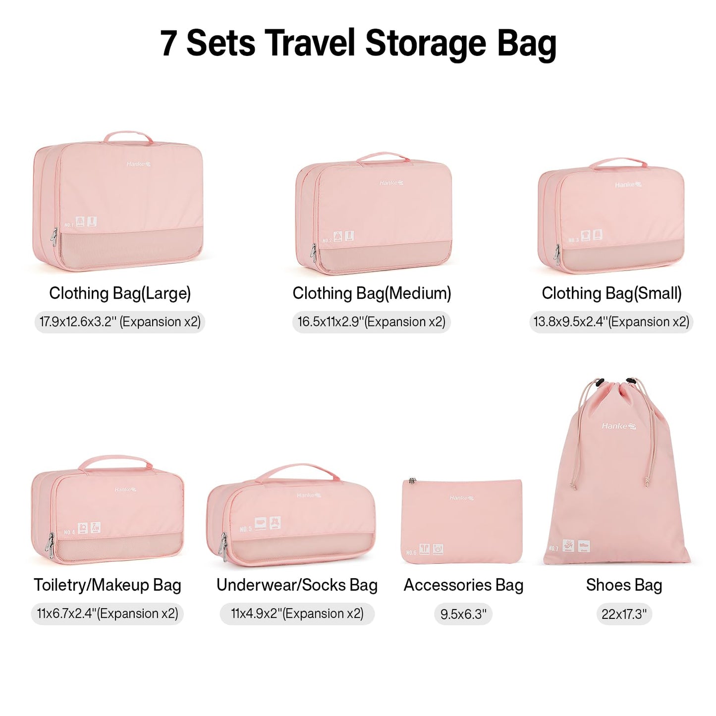 Hanke 7 Sets (Pink) Travel Organizer Bags and 24 Inch Expandable Checked Luggage(Ivory White), Compressible Expandable Packing Organizers,Packing Cubes for Travel