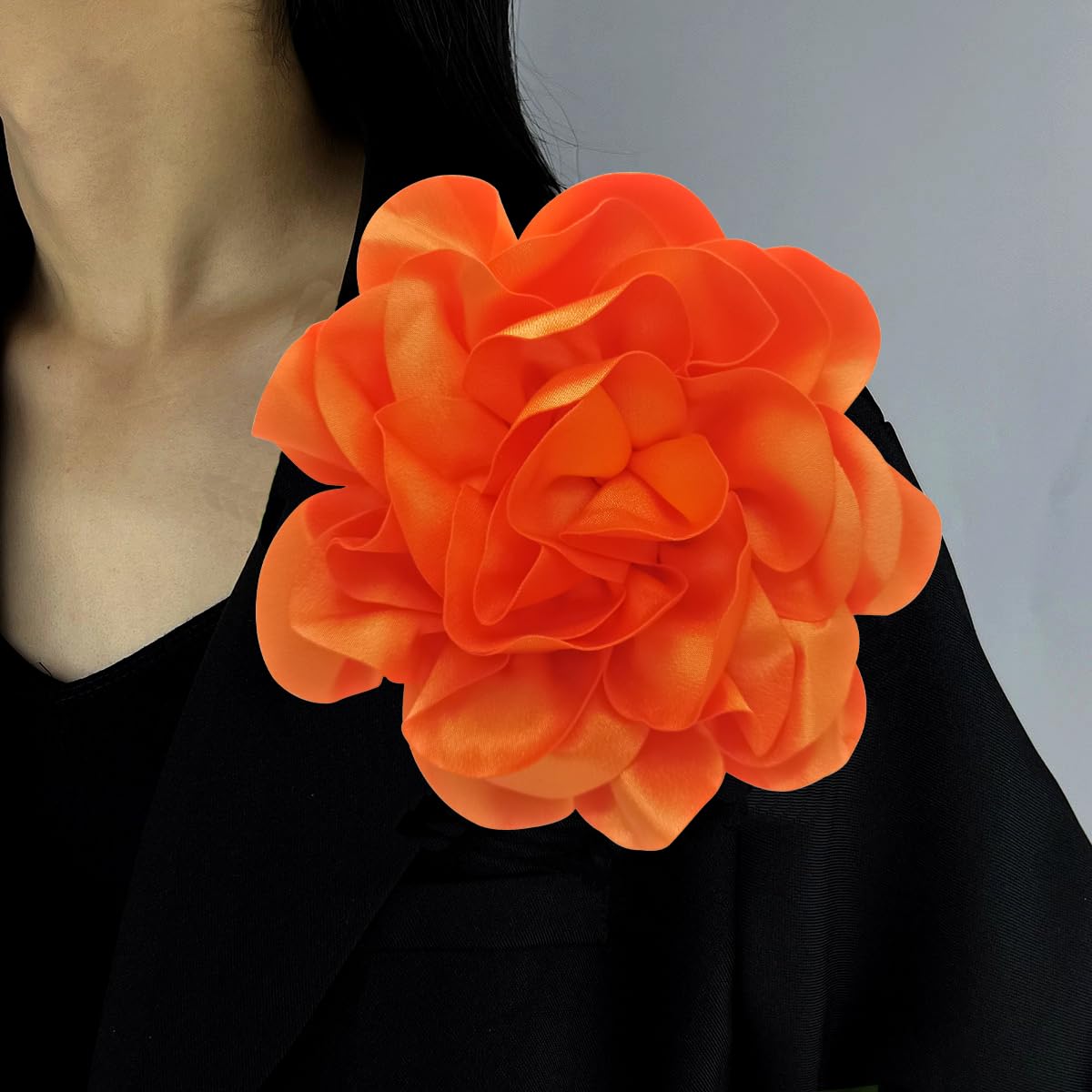 ZZ ZINFANDEL 19mm Extra Large Rose Flower Brooches Lapel Pins Dainty Satin Fabric Brooches Big Camellia Flower Brooch Pin for Women Wedding Part Dance Clothes Accessories Jewelry Gifts (Orange)