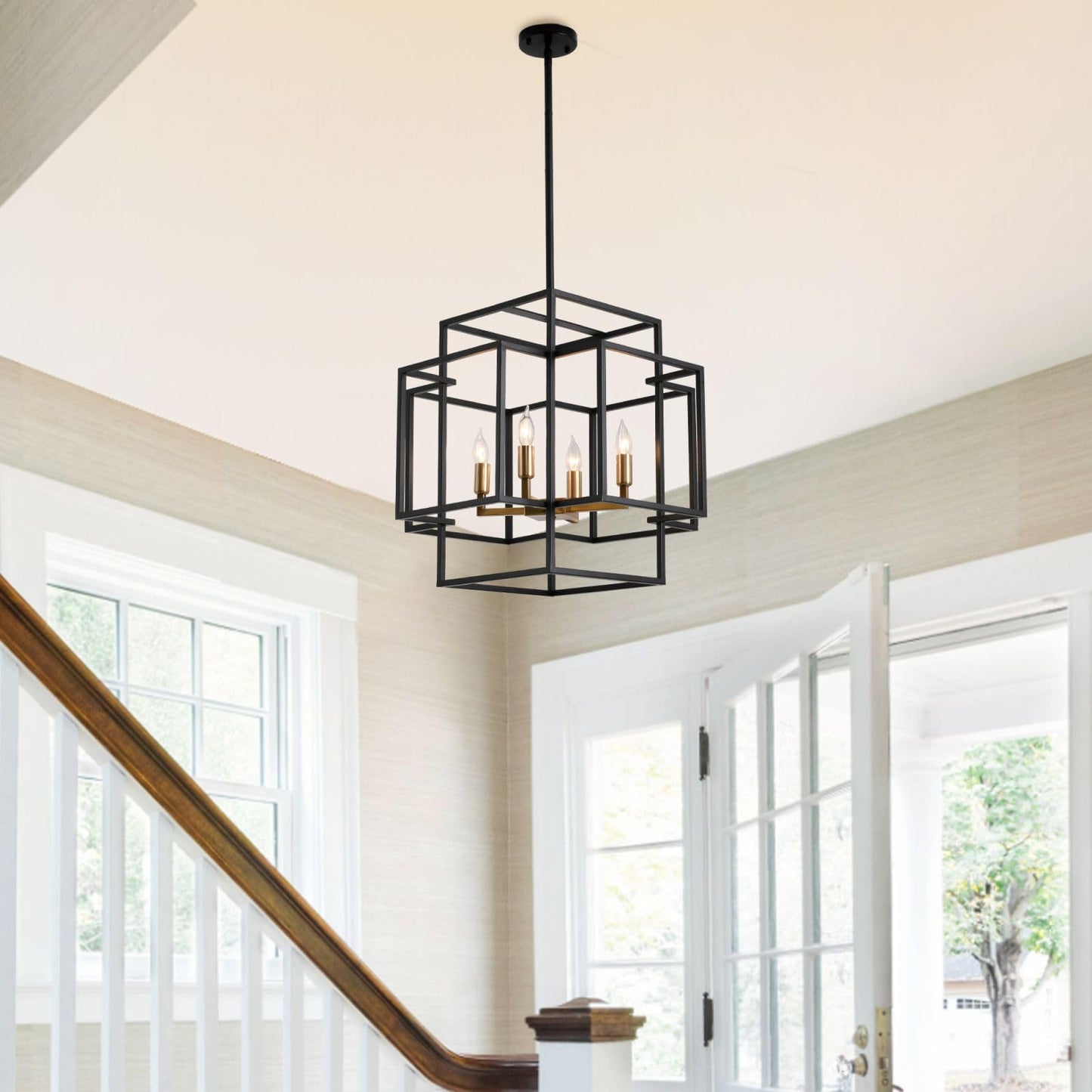 WJShome 4-Light Black and Gold Chandelier, Farmhouse Lantern Pendant Light, Industrial Ceiling Foyer Lighting Fixtures, Modern Chandeliers for Dining Room, for Kitchen Island Entryway Staircase