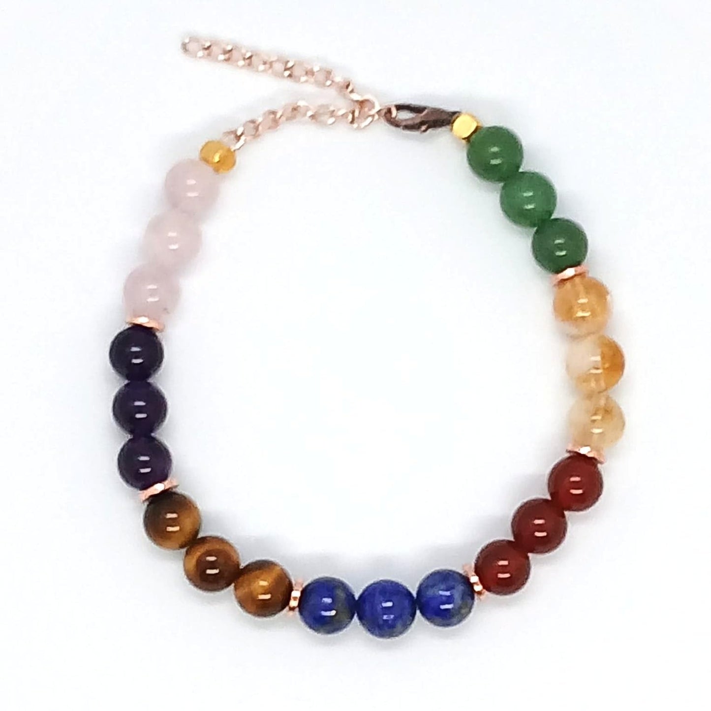 7 Chakra Bracelet (Tiger's Eye, Citrine, Aventurin, Amethyst, Lapis Lazuri, Quartz, Red Jasper, Ring Hematit) Adjustable Chain & Elastic Cord Beaded Bracelet (Durable and Comfortable)