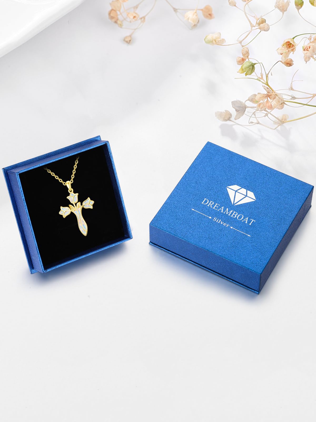 Dreamboat Gold Plated Cross Necklace for Women Gold Plated Cross Pendant Sterling Silver Christian Necklace Tulip Rose White Opal Faith Confirmation Gifts Religious Jewelry for Mom