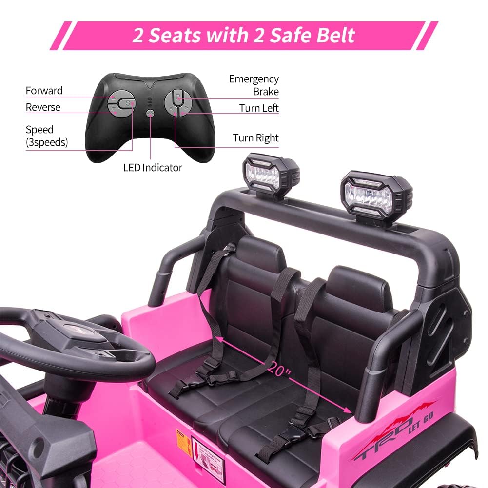 24V Kids Ride on 2 Seaters Electric Car with Remote Control, 2*120W Motors Battery Powered 20" Extra Large Seats+15.5" XL Wheels,LED Headlights, Front Storage, Bottle Holder, FM, Music for 3+ (Pink)