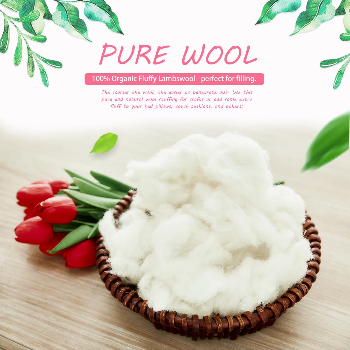 Piqoeei Lambs Wool Stuffing Super Clean Fine Wool for Felting Filler Roving Mercerized Wool for Crafts Needle Cushions Pillow Knitted Stuffed Toys Animals Blending and Dryer Balls, Natural White
