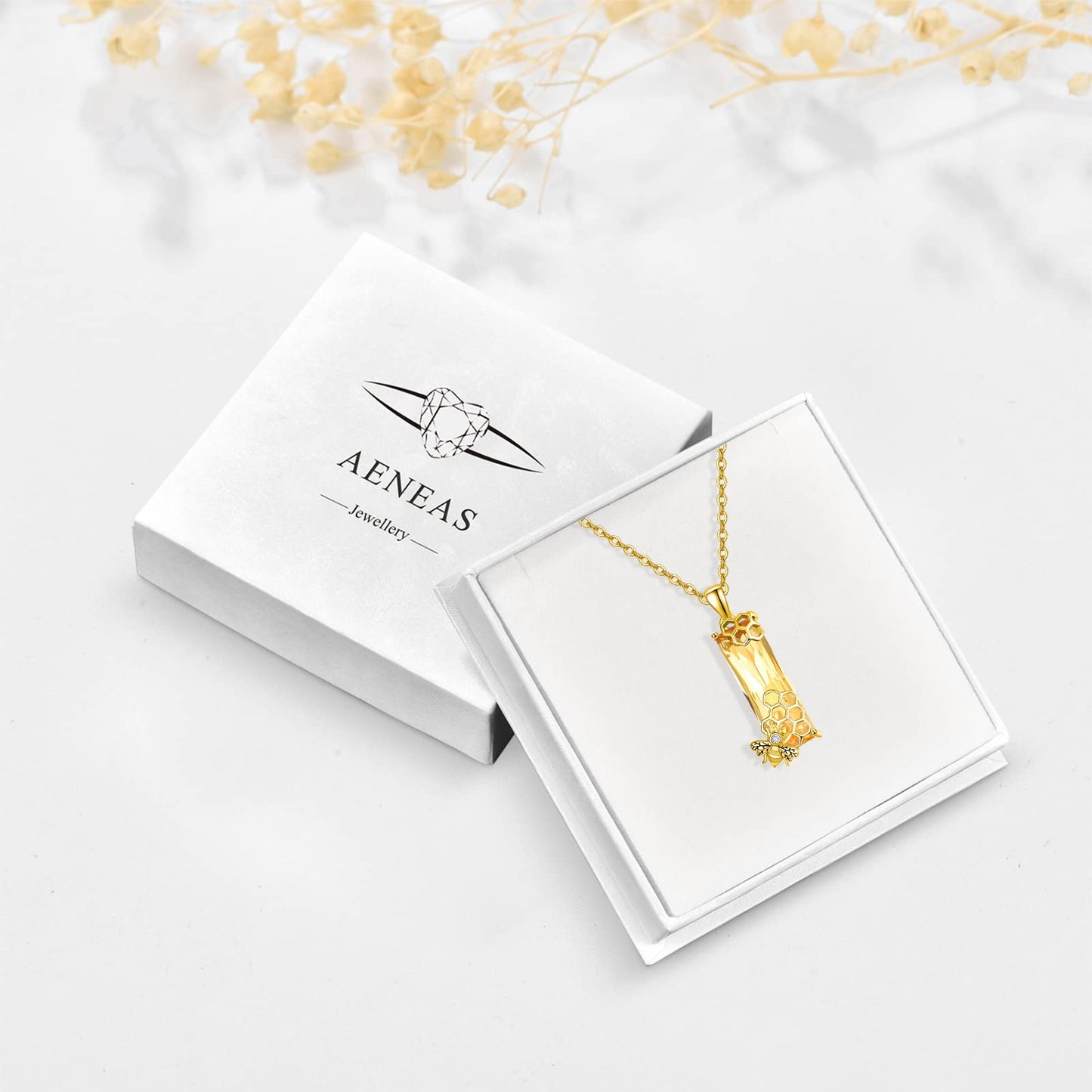 AENEAS Valentines Day Gifts for Women Her Bee Necklaces Sterling Silver Gold Plated Honeycomb Pendant Citrine Jewelry Cute Animal Christmas Gifts for Her Wife Women
