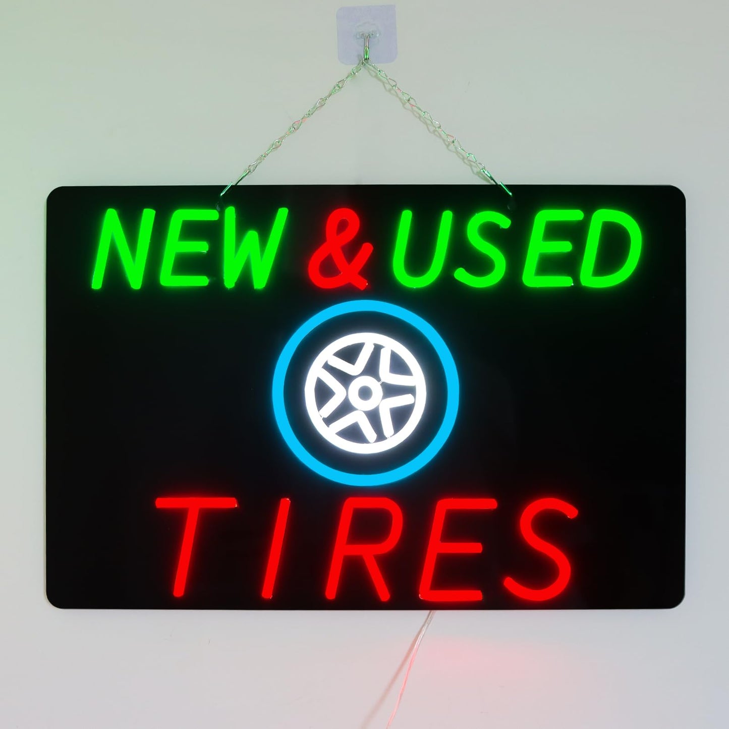 JFLLamp Large NEW&USED TIRES Neon Signs for Wall Decor Business Neon Lights for Bedroom Led Signs Suitable for Office Man Cave Bar Christmas 12V Power Adapter, 23.6*15.7 Inch(Red + Grenn+White +Azure)