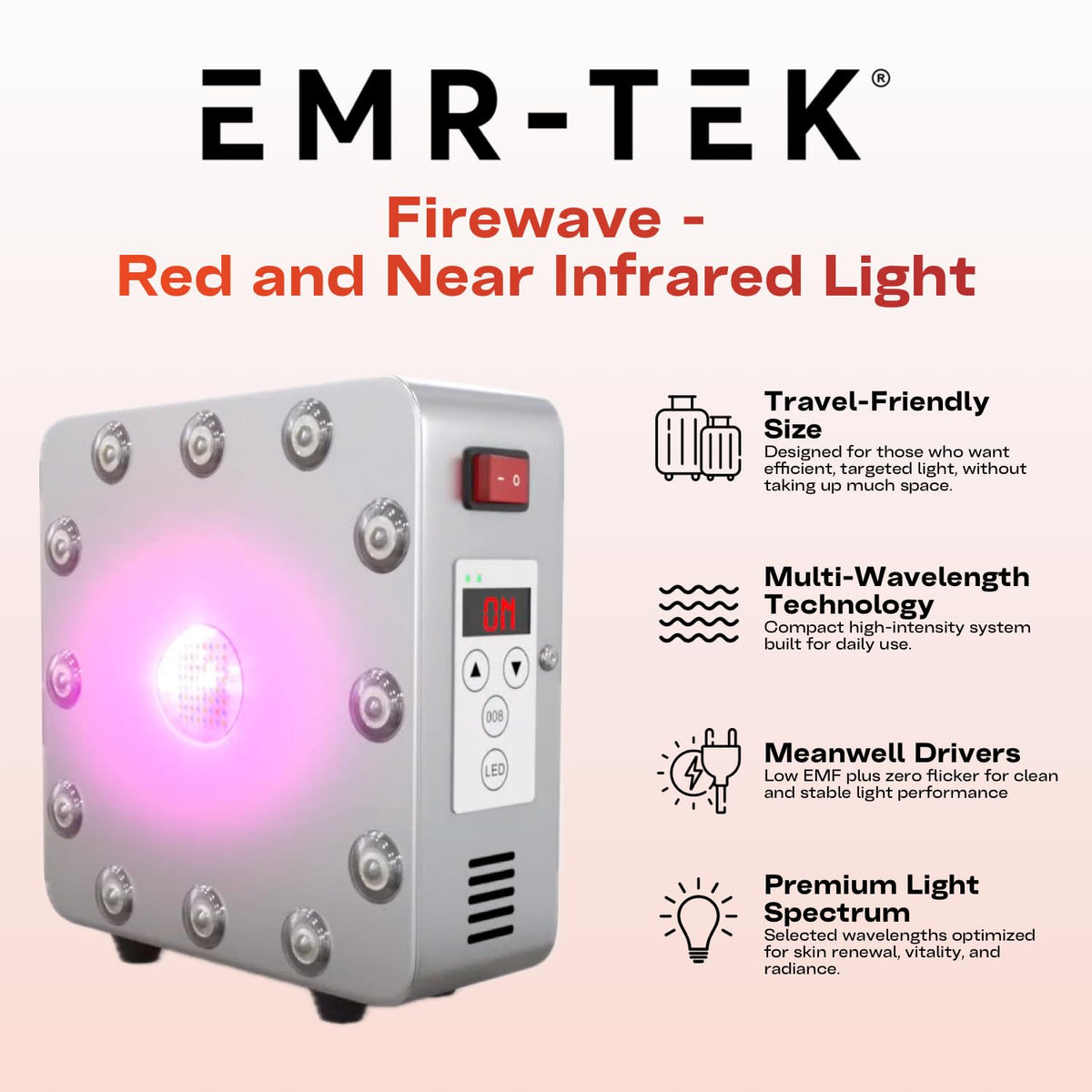 EMR-TEK Firewave | Red Light Therapy for Face & Body, Blend of Red (630nm 670nm) & Near-Infrared (830nm) Light | Portable LED Lamp for At-Home Skincare Wellness, Supports Recovery & Full-Body Sessions