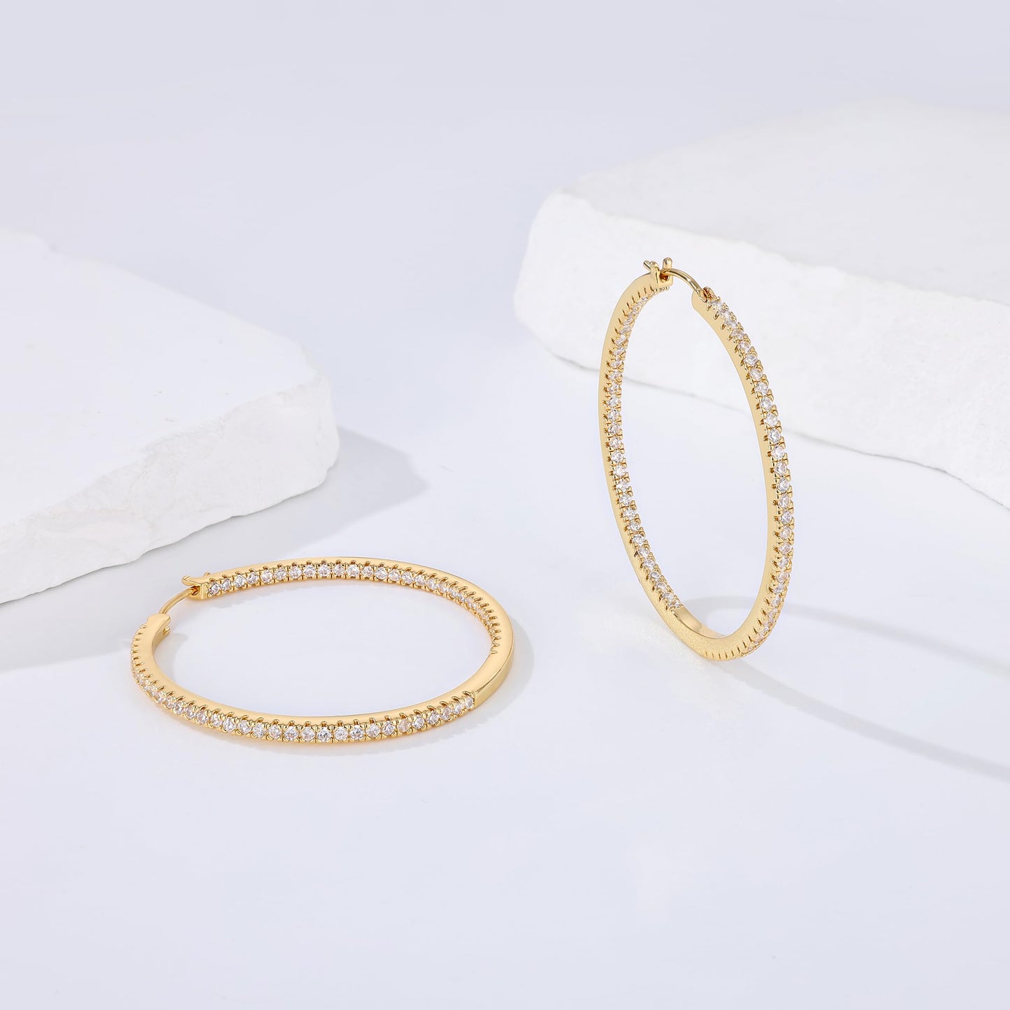 Gacimy Gold Hoop Earrings for Women, 50mm Cubic Zirconia Hoop Earrings, 14K Gold Plated Brass with 925 Sterling Silver Post