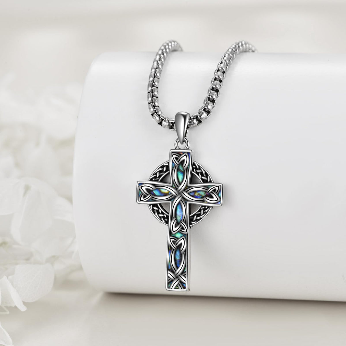 VONALA Celtic Cross Necklace 925 Sterling Silver Abalone Shell Celtic Knot Cross Pendant Necklace Religious Christian Irish Jewelry Gifts for Women Men