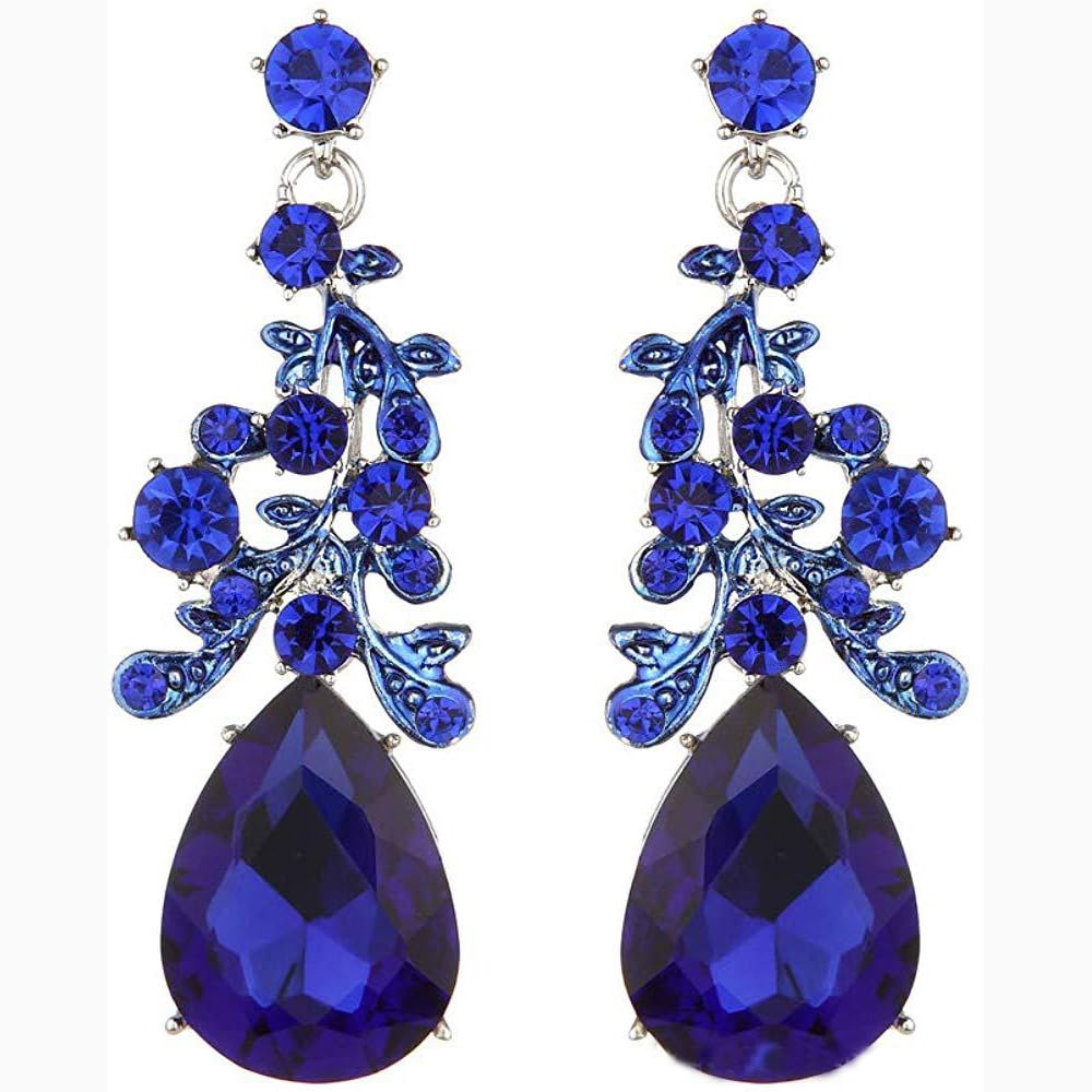 Qlavoca Vintage Crystal Teardrop Necklace Earrings Set - Gothic Statement Jewelry for Wedding Bridal Prom Party(Royal Blue Gold-Tone)