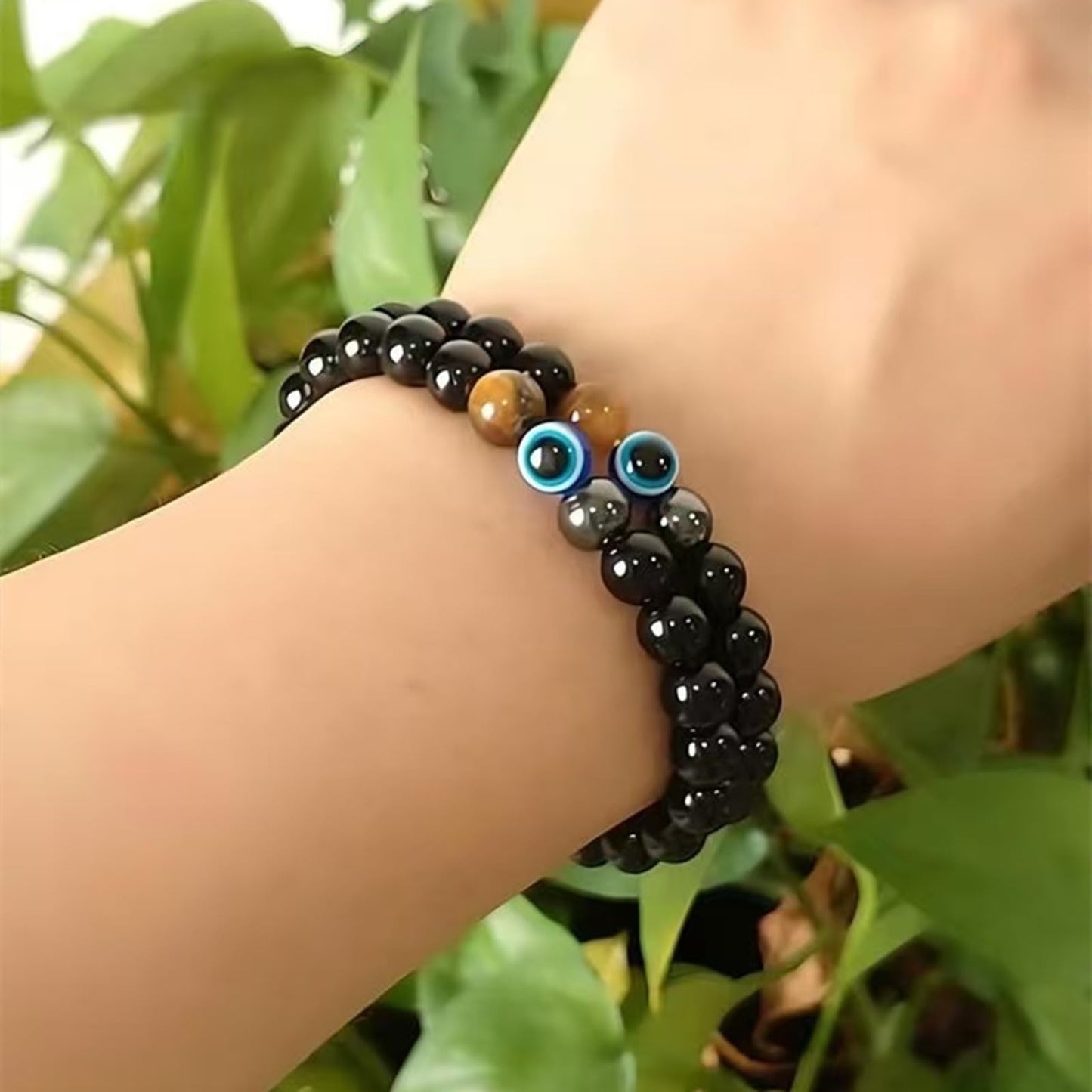 WEFRIN Evil Eye with Hematite Black Obsidian Tiger Eye Stone Triple Protection Bracelets for Men Women, Crystal Jewelry Stone Bracelets Bring Luck and Prosperity and Happiness (E-8mm(e))