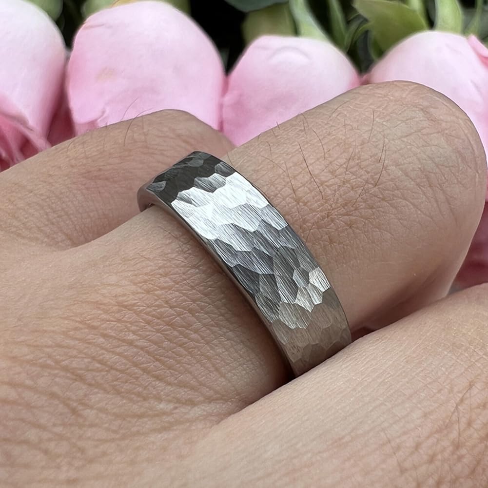 TUTISS 6mm Hammered Tungsten Rings for Men Women Fashion Engagement Wedding Bands Pipe Cut Matte Finish Comfort Fit Size 10