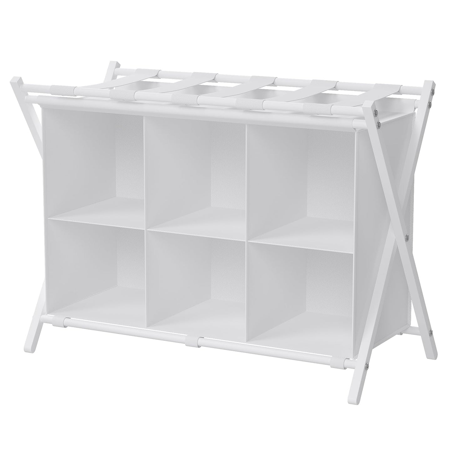 Huhote Luggage Rack for Guest Room, Folding Suitcase Stand with 6-Cube Fabric Storage Shelf, Luggage Holder, Steel Foldable Luggage Stand for Guest Room, Bedroom, Hotel, White