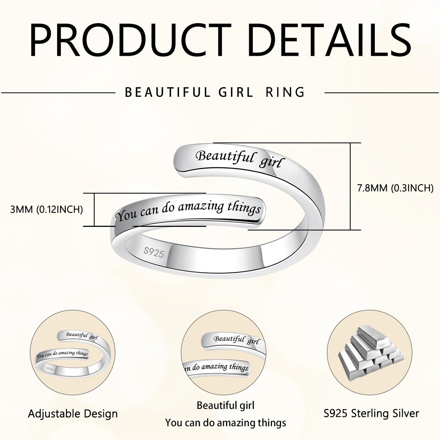 925 Sterling Silver Inspirational Jewelry Adjustable Wrap Open Ring Encouragement Gift for Women(Beautiful * you can do amazing things)