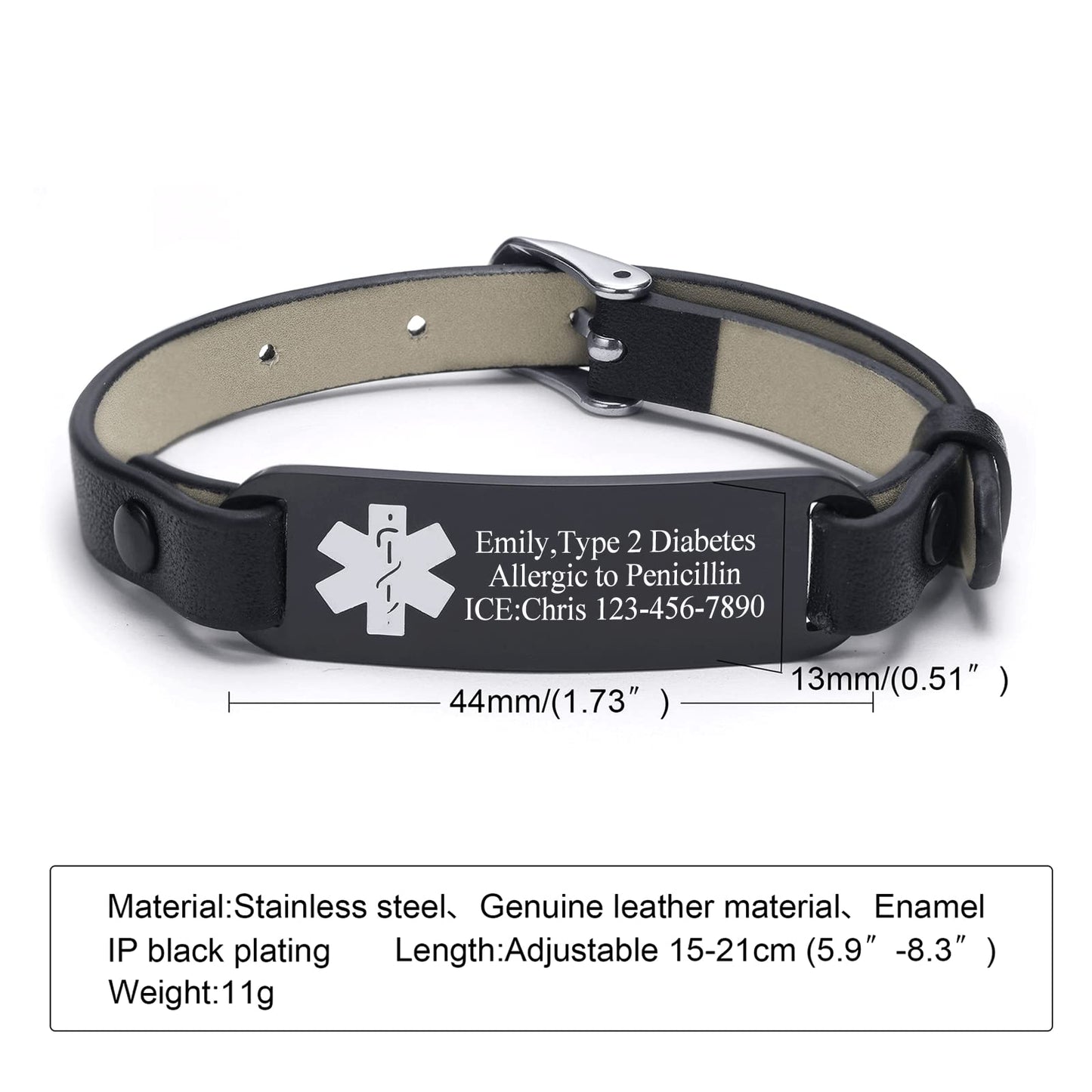 VNOX Medical Alert Bracelets for Men Women with Free Engraving Adjustable Leather Emergency Medical ID Bracelets Wristband,Black