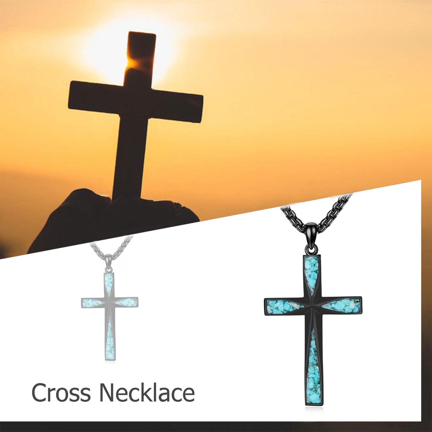 ONEFINITY Religious Cross Pendant Necklace Sterling Silver Origami Cross Pendant Gifts for Women Men Jewelry (A-Black Cross with Turquoise Gravel)