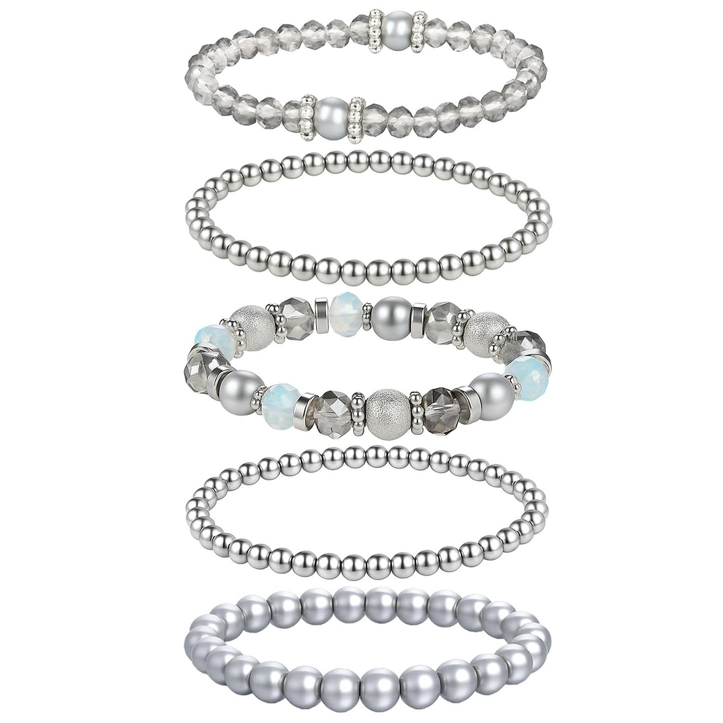 Heclia Beaded Stretch Bracelets Silver Stackable Crystal Beads Bracelets 5PCS Beaded Boho Stretch Bracelet Layering Crystal Stone Bead Bracelet Trendy Costume Jewelry Gifts for Women