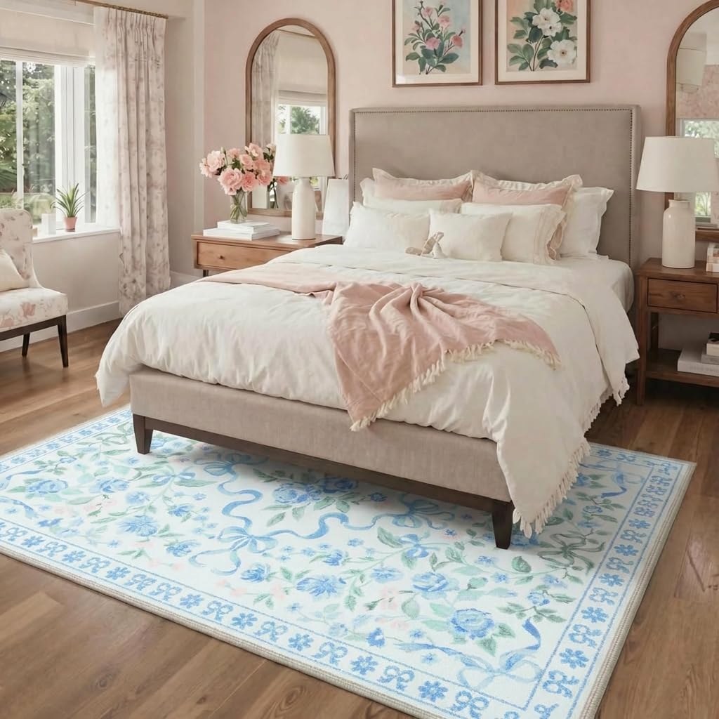 Bavni Area Rugs 5X7 for Living Room,Machine Washable Non Slip Low Pile Soft Rug,Cute Floral Carpet for Bedroom Dining Room Girls Room Nursery Room and Kids Room or Playroom, Pastel Blue