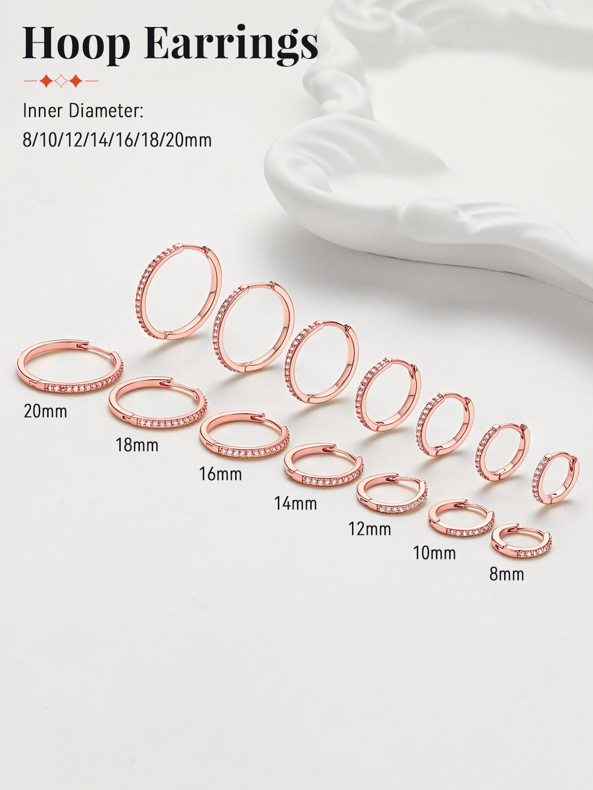 FaithHeart Cubic Zirconia Hoop Earrings for Women, Rose Gold Hypoallergenic Huggie Hoop Earrings, Small Cartilage Earrings for Women 18mm, Send Gift Box
