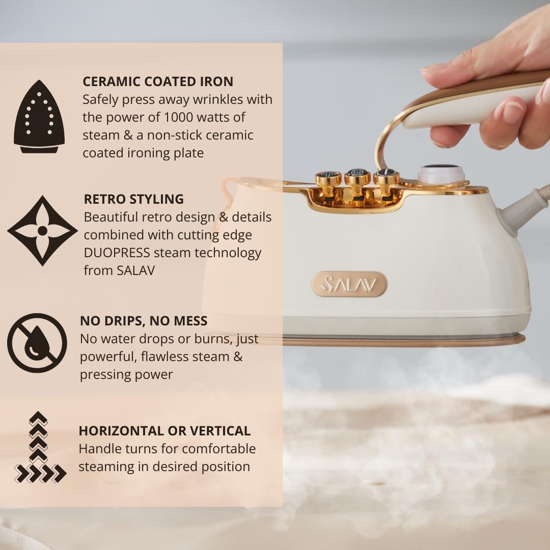 SALAV Retro Edition Duopress Steamer and Iron and Fabric Shaver and Lint Roller Bundle, Pearl