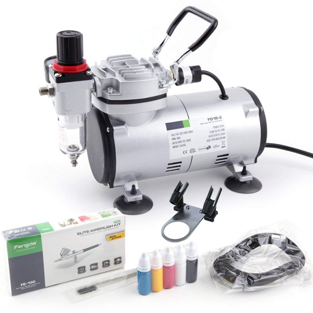 Timbertech Airbrush Kit With Compressor AS18-2K Basic Start Kit With Air Hose, Cleaning Brushes, and Test Paints for Hobby, Body Tattoo, Model painting, Automotive Graphic, Make-up