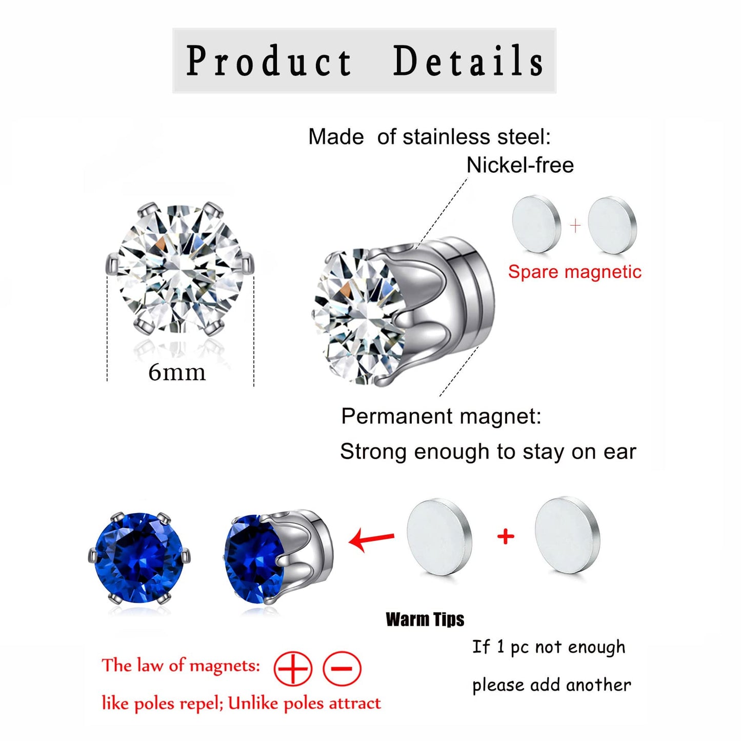 Spiritlele 12 Pairs Green Blue Cubic Zirconia Magnetic Earrings Clip on Non Piercing Earrings Set for Women 6MM
