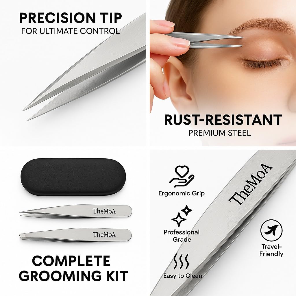 THEMOA Precision Tweezers Set – Stainless Steel Pointed & Slant Tip Tweezers for Eyebrow, Facial Hair, Ingrown Hair, Professional Beauty Tool with Case