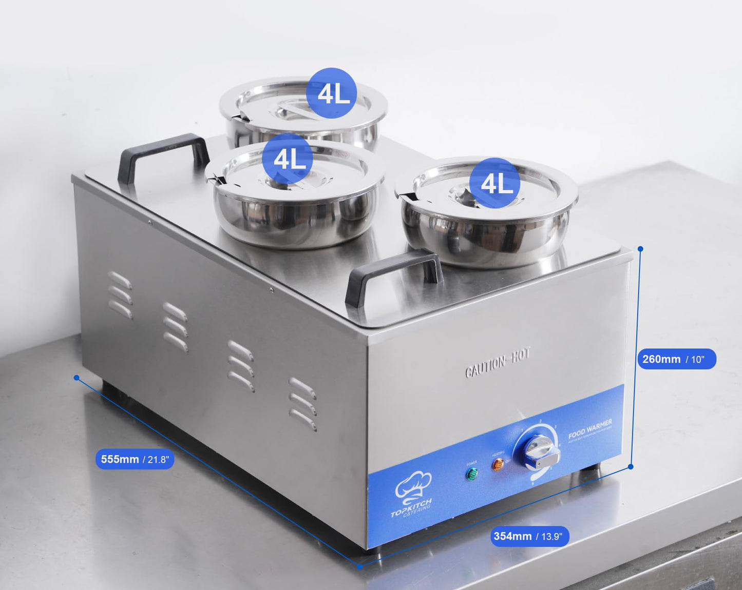 TOPKITCH Commercial 12L Soup Warmer with 3×4L Pot Buffet Bain Marie, Commercial Electric Food Warmer, Seamless One-Piece Tank, 30-85℃ Adjustable Temp Range, UL Certified Key Components-120V,1200W