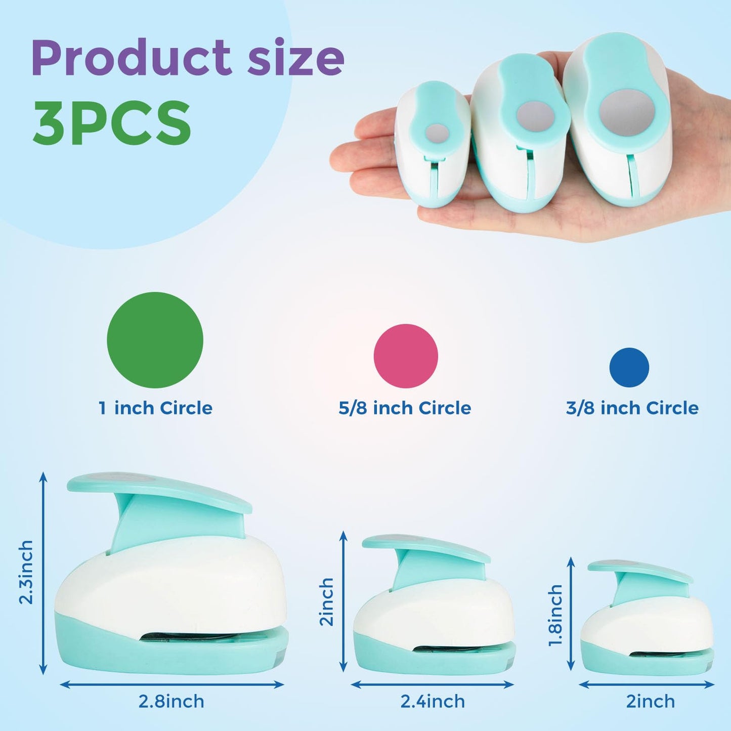 LOVEINUSA 3PCS Circle Hole Punch, Different Size(1+ 5/8 + 3/8 Inch) of Scrapbooking Paper Cutter Crafting, Designs for Office Junk Journal Supplies, Card Making, DIY Albums, Photos, Circle Cutter