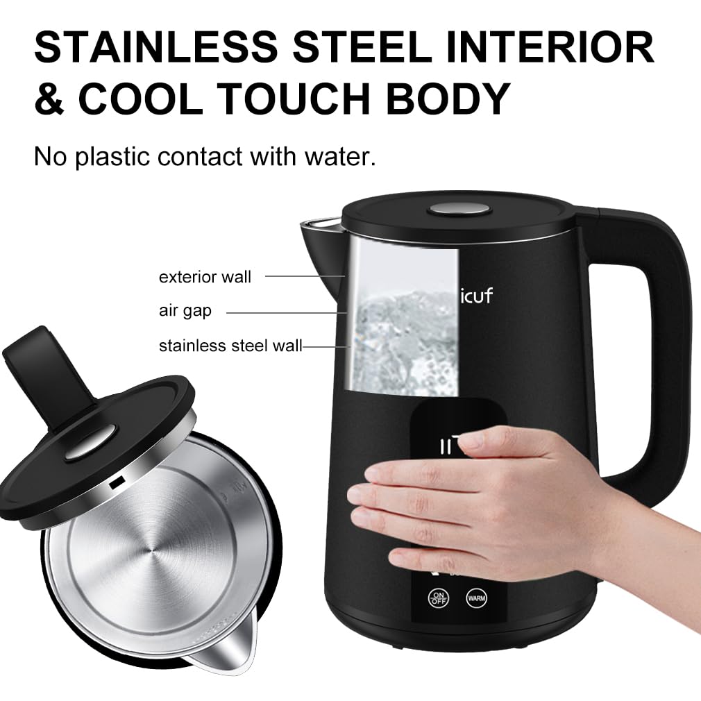 Onlicuf Electric Tea Kettle with Double Wall Cool Touch,1.7L Water Boiler Heater with Temperature Control,Stainless Steel Boiling Teapot, Digital Touch-Screen, Cordless, BPA-Free, Matte Black