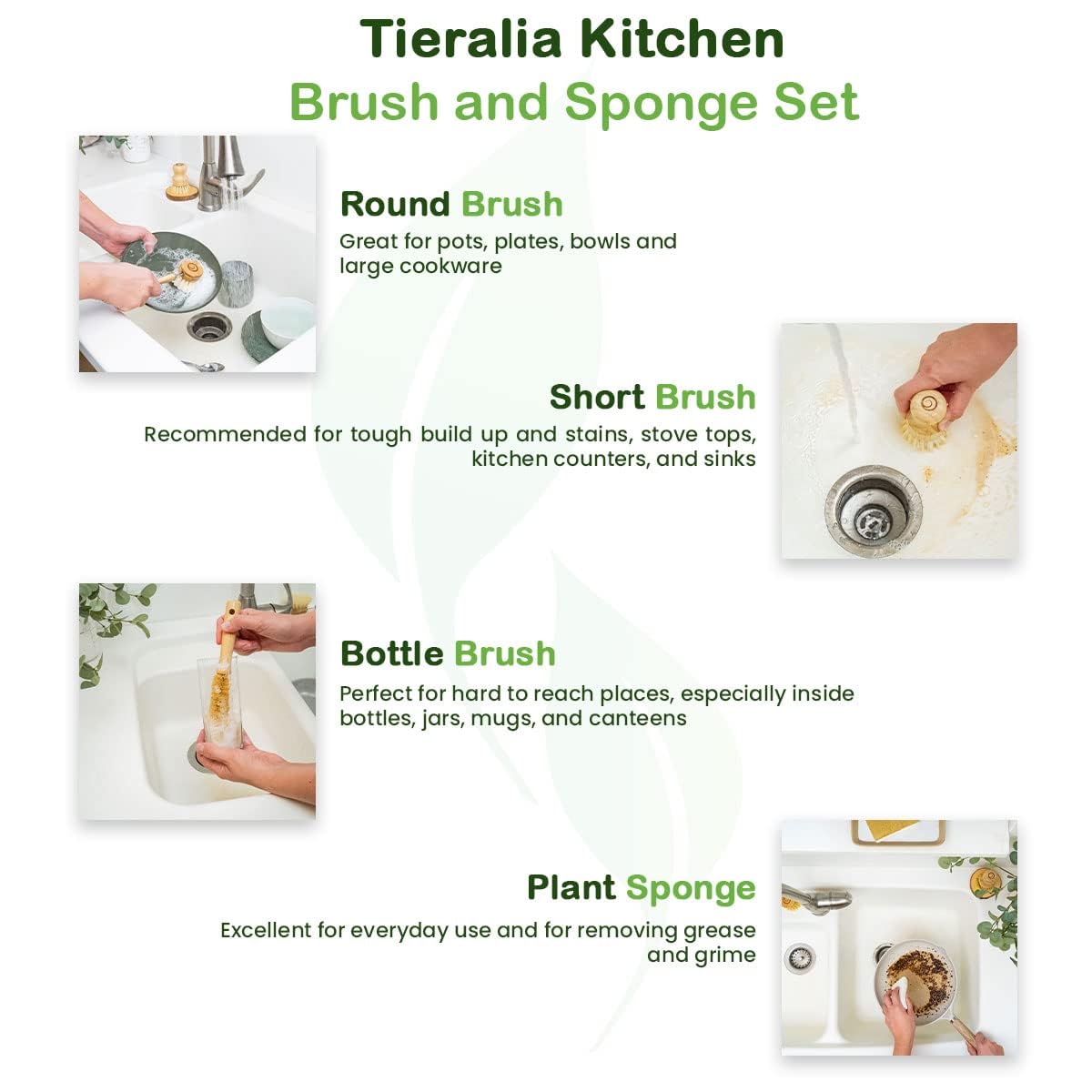 Tieralia Bamboo Dish Brush Gift Set β 5-Piece Kitchen Cleaning Set with Bottle Brush, Round Scrub Brush, Palm Brush & 2 Plant-Based Sponges | Wooden Handle Cleaning Tools for Dishes & Surfaces