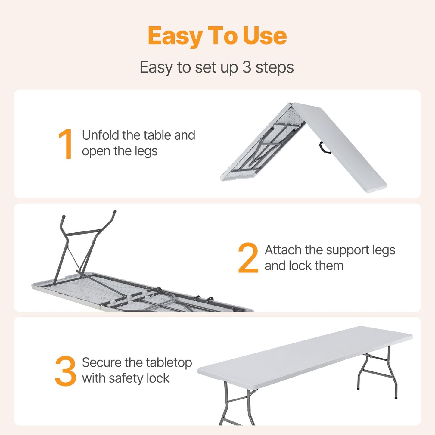 HAPPYMONT 8 Feet Folding Picnic Table, Plastic Table with Carrying Handle, Heavy Duty Portable Table for Camping Party, White