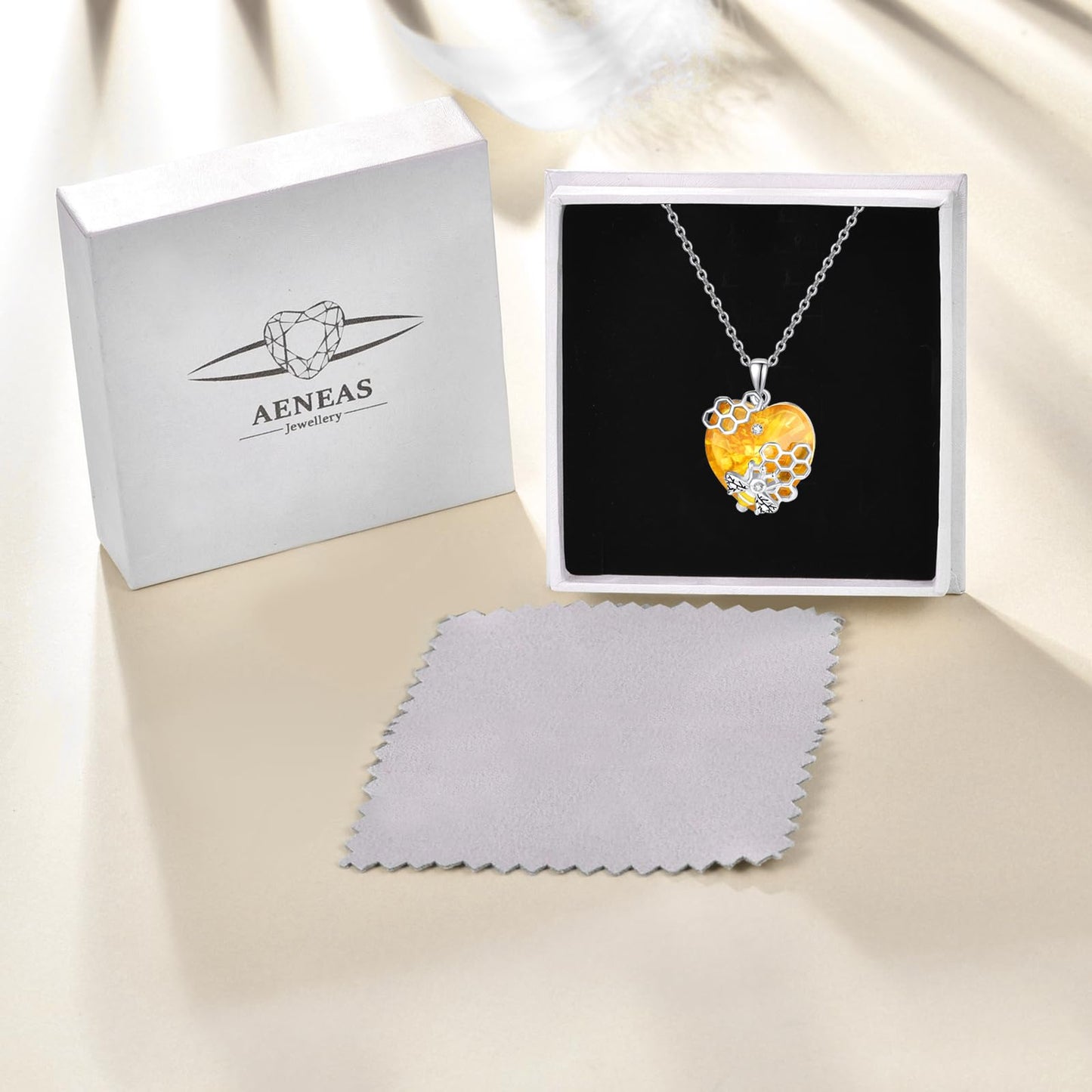 AENEAS Valentines Day Gifts for Women Her Bee Necklace 925 Sterling Silver Honey Bee Pendant Necklace with Love Heart Citrine Crystal Jewelry Gifts for Birthday Christmas Anniversary
