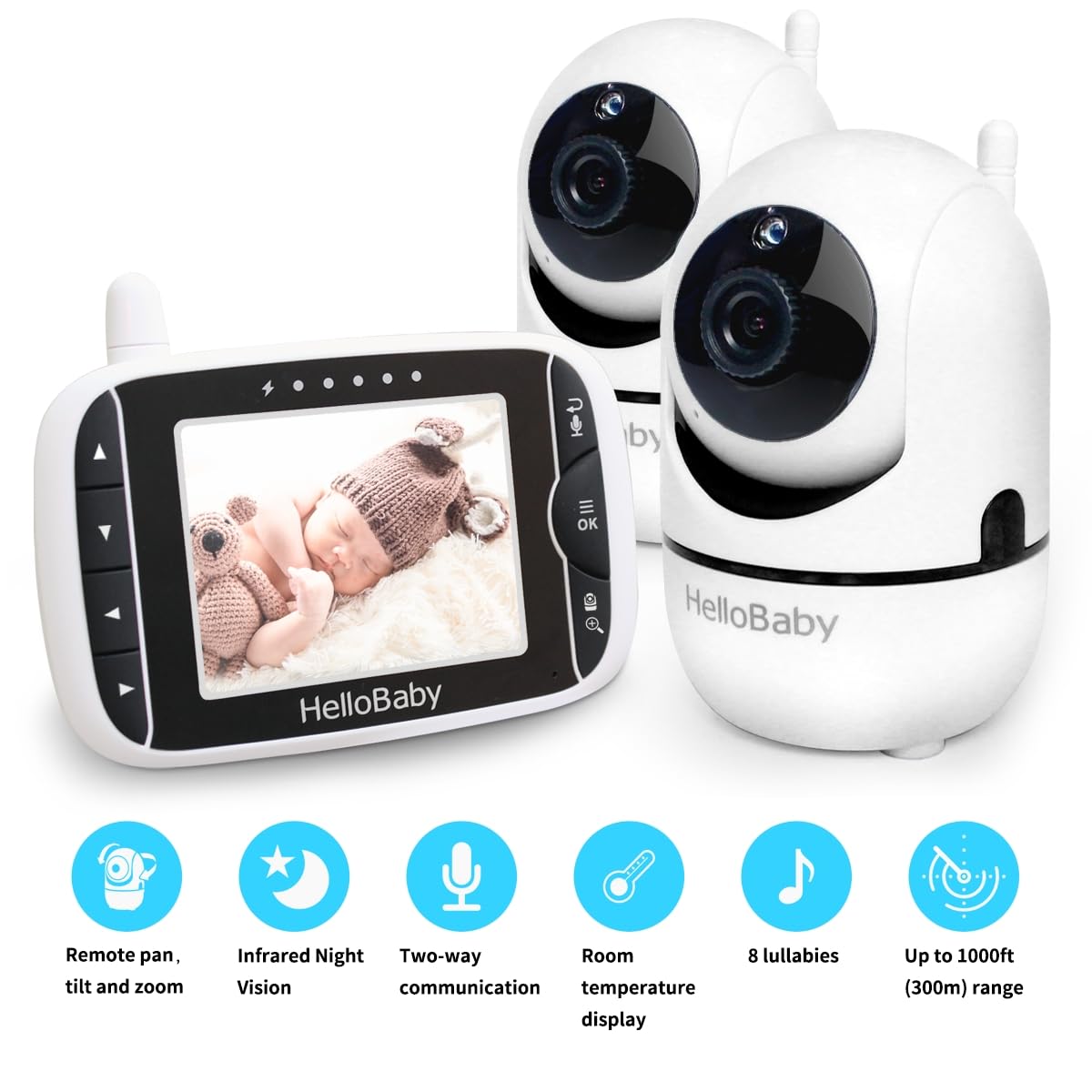 HelloBaby Baby Monitor with Remote Pan-Tilt-Zoom Camera and 3.2'' LCD Screen, Infrared Night Vision, Temperature Display, Lullaby, Two Way Audio, with Wall Mount Kit