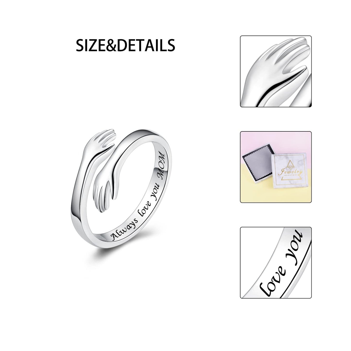 ACJFA Hug Rings for Women Sterling Silver Adjustable Ring for Women Daughter Hand Ring Jewelry for Birthday Gifts Holiday Gift for Teens(Alaways love you MOM)