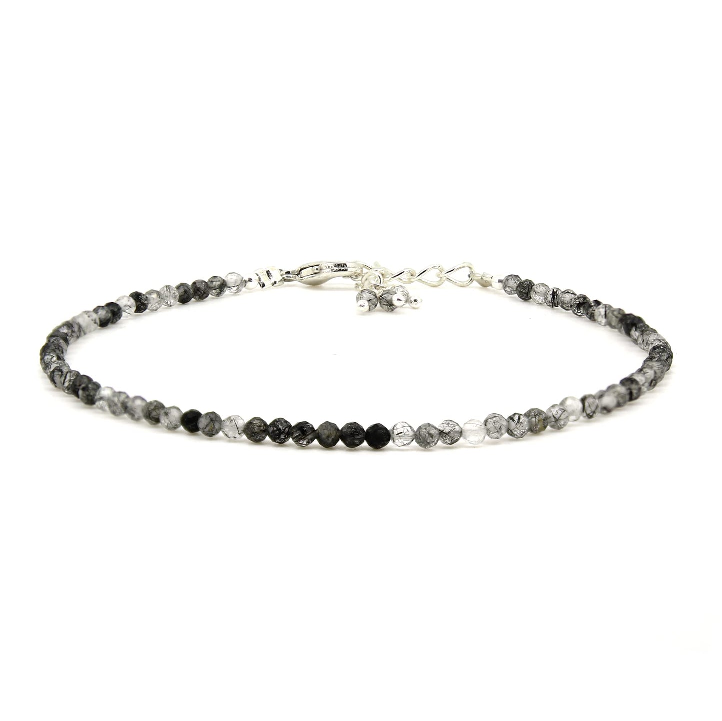 Gempires Handmade Black Rutilated Quartz Gemstone Beaded Bracelet for Women | 2.4โ2.5 mm Faceted Natural Stone | Adjustable 7+1 Inch Silver Plated Chain | Dainty Minimalist Stacking Jewelry | Unique Crystal Gift