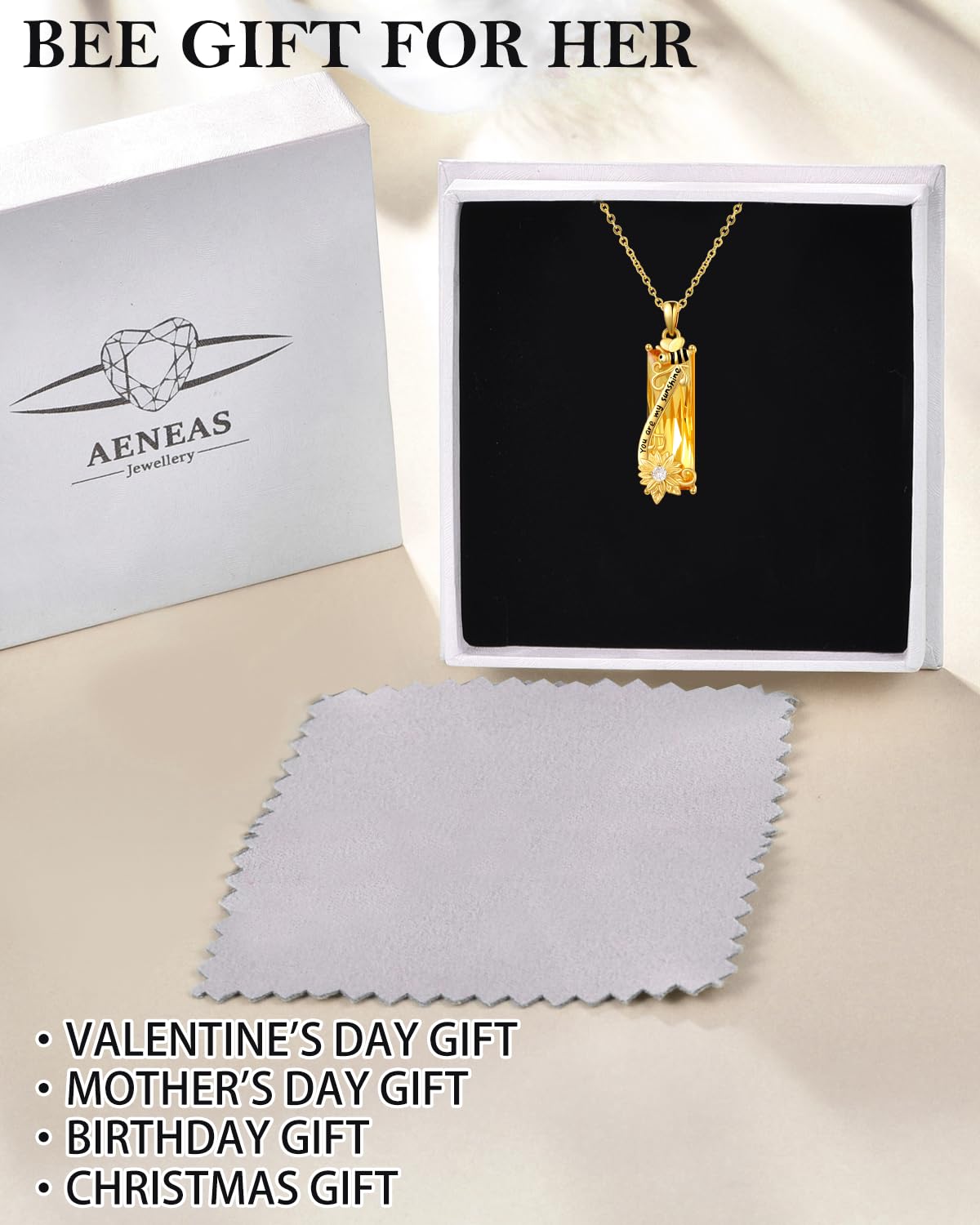 AENEAS Valentines Day Gifts for Women Her Bee Necklace 925 Sterling Silver Gold Plated Sunflower Pendant Citrine Honey Bee Jewelry You Are My Sunshine Necklace for Women Wife Her