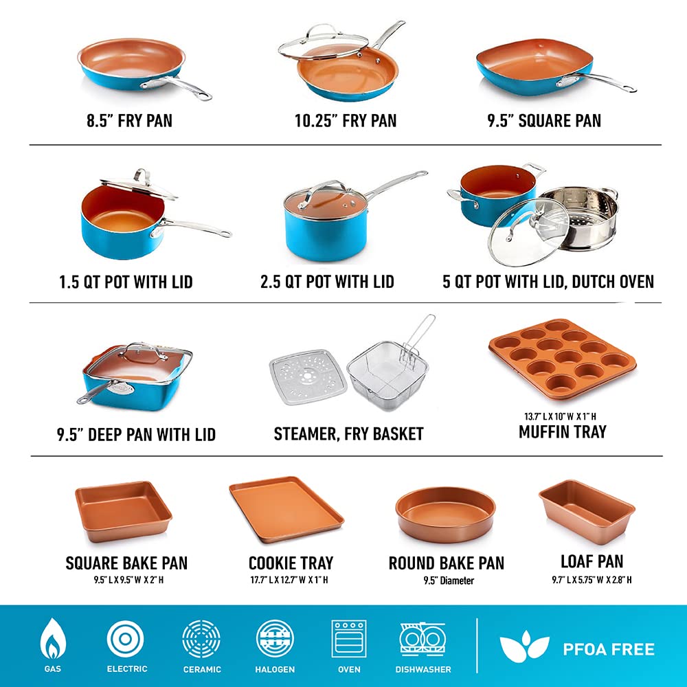 GOTHAM STEEL 20 Piece Copper Pots and Pans Set Nonstick Cookware & Ceramic Bakeware Set, PFOA PFOS Free, Dishwasher/Oven Safe, Metal Utensil Safe – Turquoise