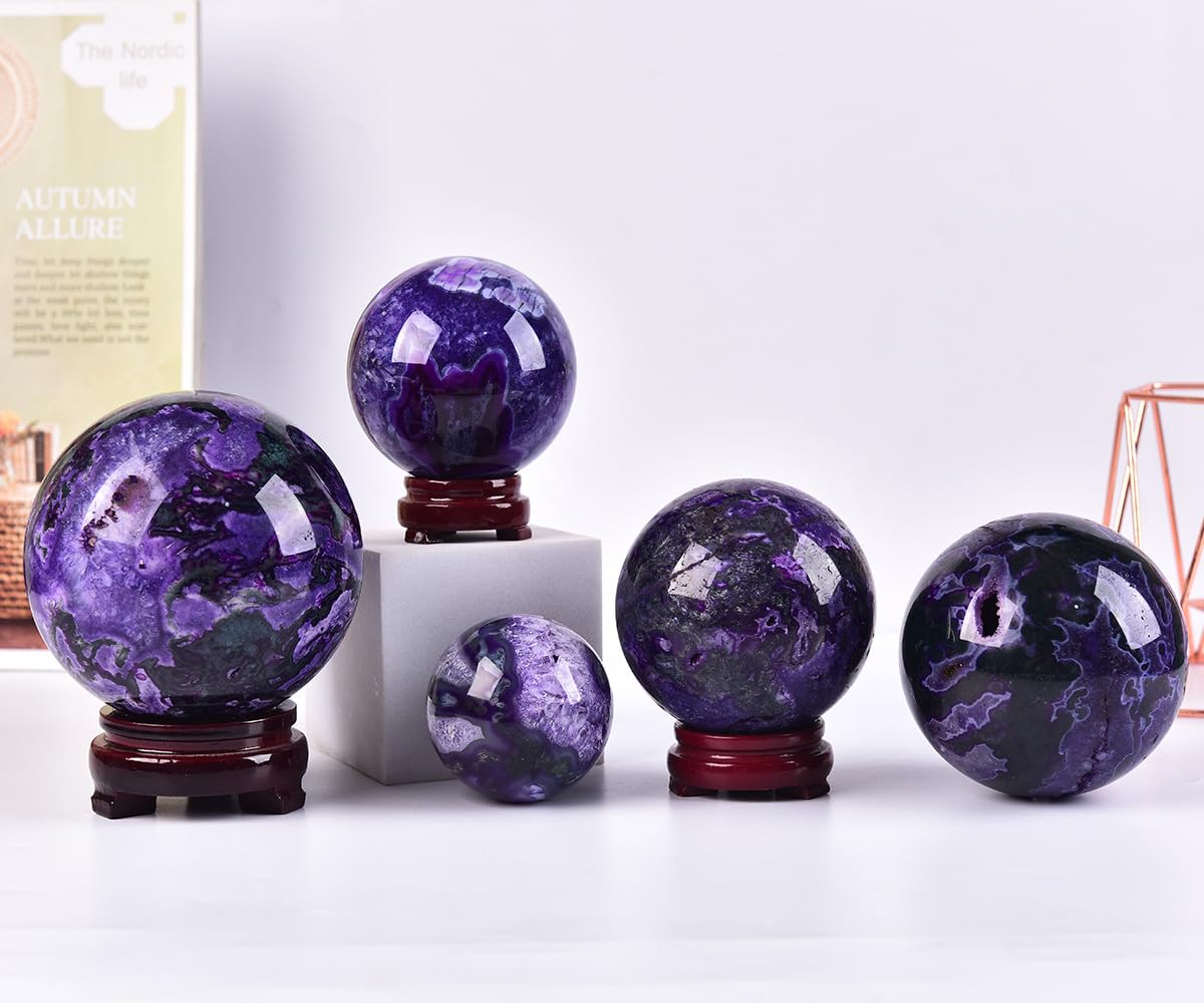 JIC Gem Purple Moss Agate Crystal Sphere Large Purple Crystal Ball with Stand Healing Ornament Witchcraft Meditation Decor 2.3-2.7 inch(60-70mm)