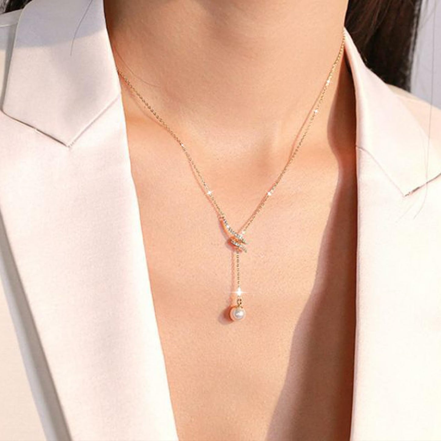 Gold Lariat Necklace for Women,Dainty Long 14K Gold Plated Y-Shaped Pearl Necklace 925 Sterling Silver Cubic Zirconia Crystal Ball Sparkle Necklace for Mother Daughter Wedding Mother's Day Jewelry Gifts