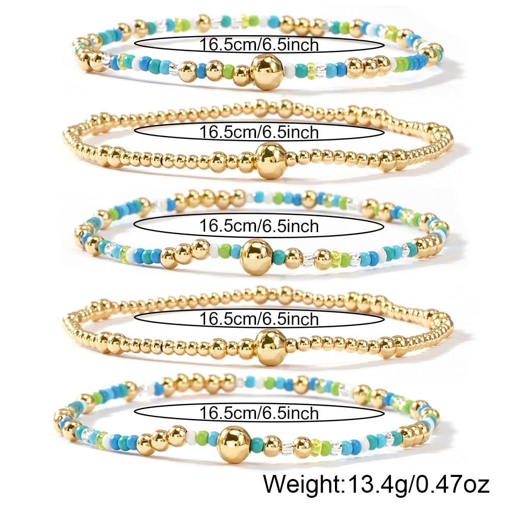SHINUS BOHO Gold Beaded Bracelet Stack for Women,Bohemian Stretch Blue Seed Beads Stackable Bracelets Set Fashion Holiday Birthday Summer Accessories Jewelry Gift Friendship