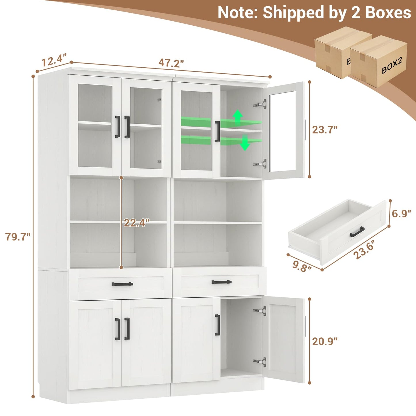 Unikito 79.7" Tall Kitchen Pantry Storage Cabinet, Freestanding Kitchen Hutch Cabinet with Glass Door, Adjustable Shelves and Drawer, Display Bookcase for Living Room, Dining Room, Bathroom, Black