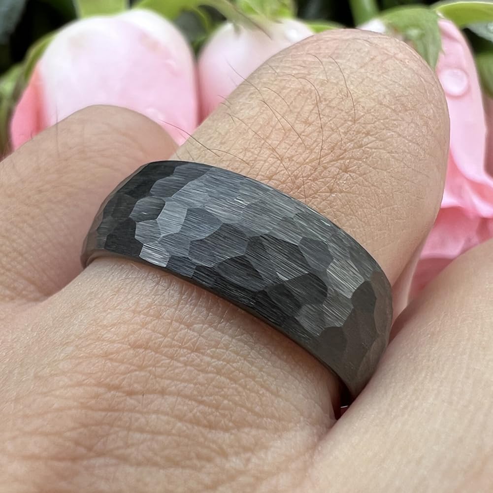 TUTISS 8mm Black Hammered Tungsten Carbide Rings for Men Women Engagement Wedding Bands Domed I Love You Engraved Comfort Fit Size 6