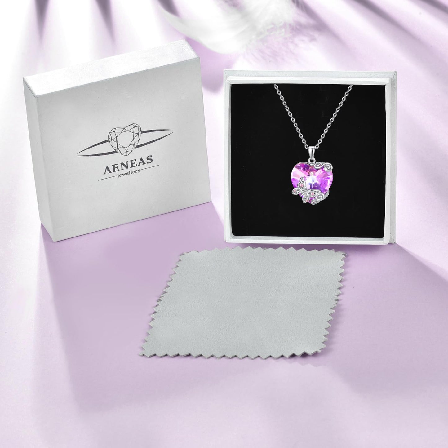 AENEAS Butterfly Necklace 925 Sterling Silver Butterfly Pendant with Love Heart Purple Crystal Butterfly Jewelry Gifts for Lovers Women Wife