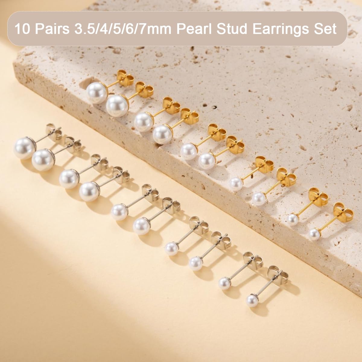 10 Pairs Pearl Stud Earrings for Women, 14K Gold Filled Polished Small Pearl Earrings Set, 20G Hypoallergenic Surgical Steel Piercing Studs for Sensitive Ear, Lightweight Shiny Earrings Studs for Helix Tragus Cartilage Multiple Piercing, Gold+Silver, 3.5-