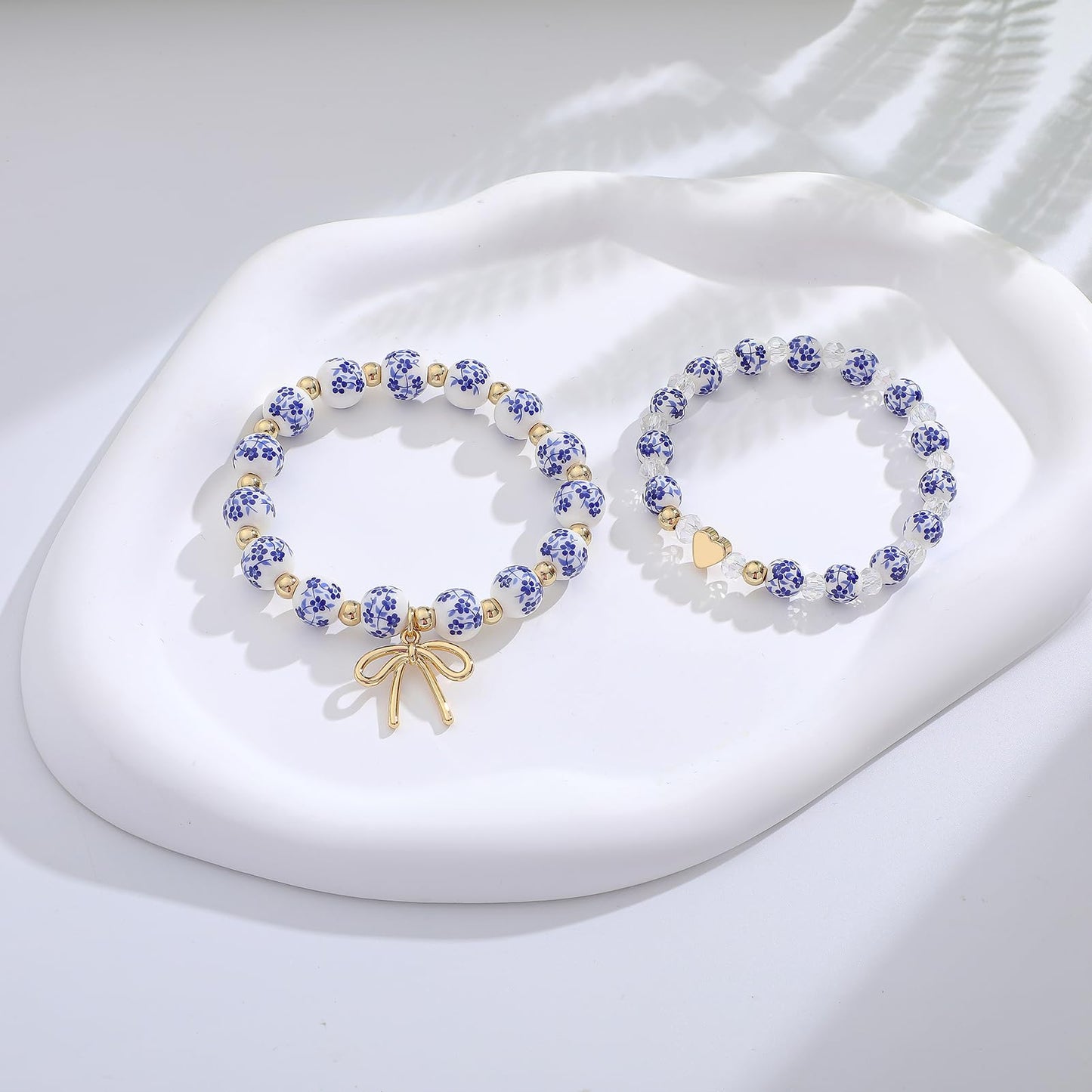 Dainty Bow Charm Beads Bracelet for Women Blue And White Vintage Ceramics Flower Bracelet Handmade Stretch Cute Beaded Romantic stackable Jewelry Gifts