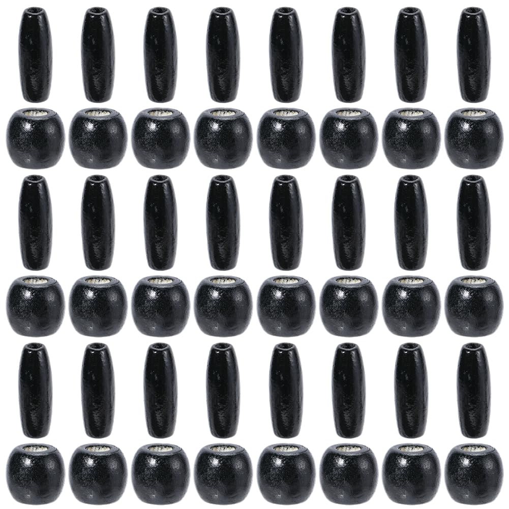 PONABEADIY 2 Styles 200PCS Natural Black Wooden Beads with Hole Oval Barrel Wood Handmade Dyed Macrame European Charms Loose Bead for Jewelry Making Bracelet Hair Braid Christmas DIY Crafts Supplies
