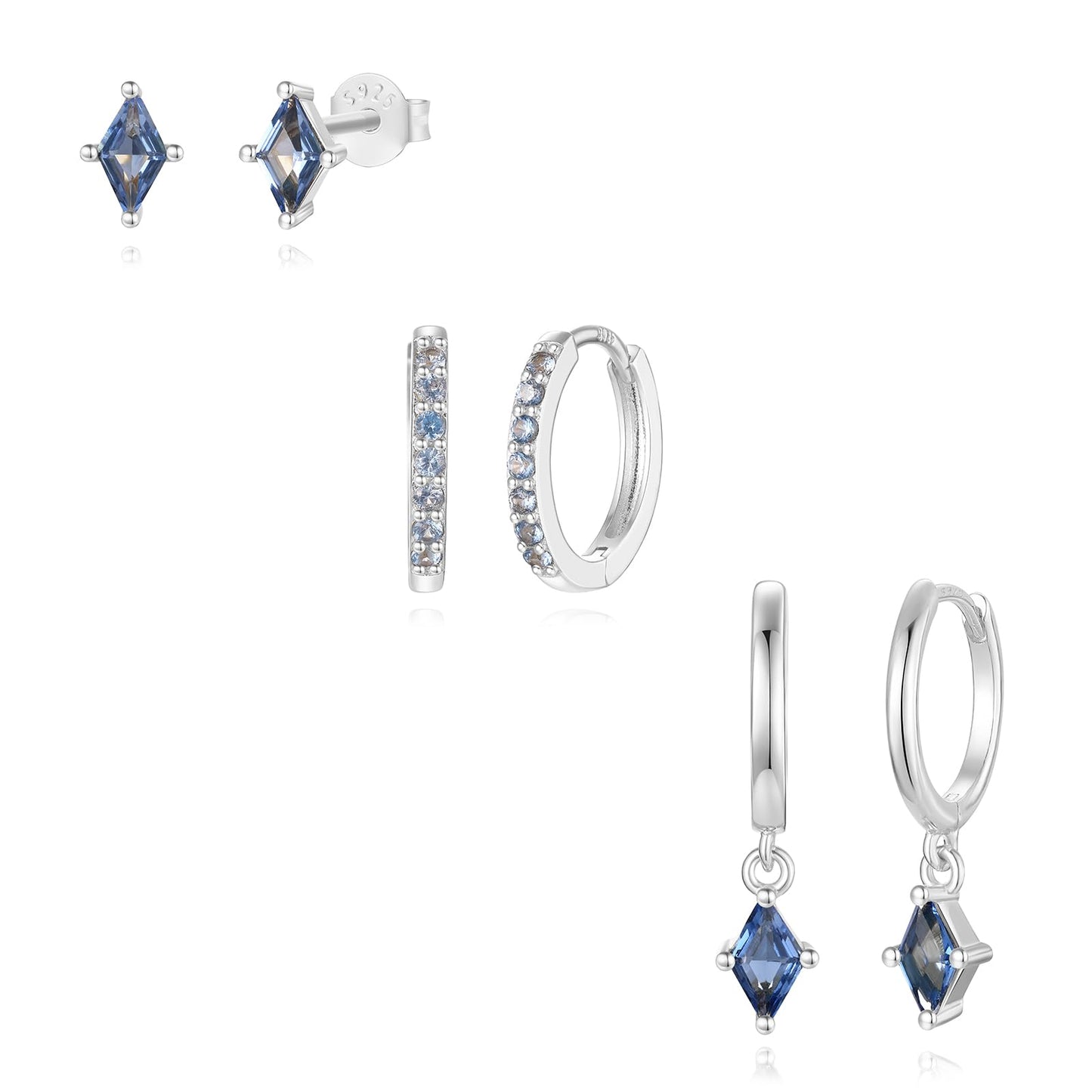 925 Sterling Silver Earrings Set for Women, Dainty Silver Cartilage Huggie Hoop Earring, Hypoallergenic Earrings Trendy Small Silver Earring Stacks for Multiple Piercing, Blue CZ Earring for Women