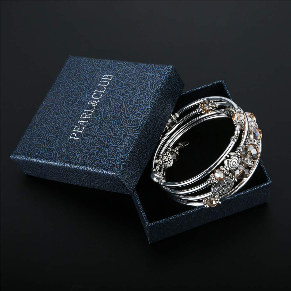 PEARL&CLUB Bead Crystal Wrap Bangle Bracelet - Fashion Jewelry Beaded Bracelet with Silver Metal, Gifts for Women(23-Champagne)
